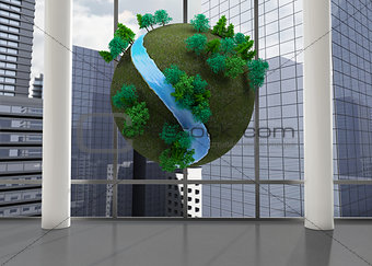 Earth floating in front of cityscape