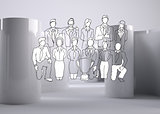 Comic figures on abstract grey background