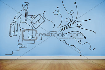 Drawn man climbing stairs on blue wall