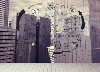 Drawn graphic on cityscape background