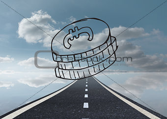 Drawn coins on sky background with road