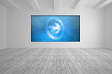 White room with blue picture arrow