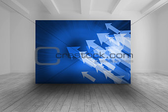 White room with blue picture of arrows