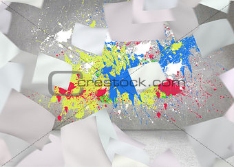 White paper in front of grey wall with splashes