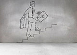 Grey wall with comic man climbing stairs
