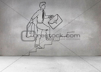 Grey wall with comic man climbing stairs