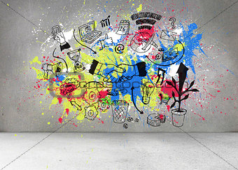 Grey wall with graphics and splashes
