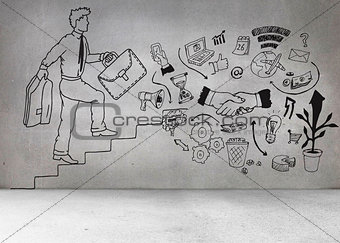 Grey wall with comic man and graphics