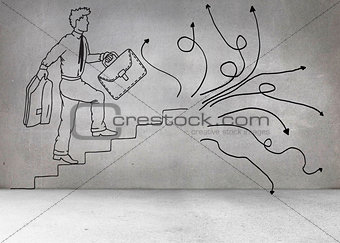 Grey wall with comic man and arrows