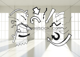 Black white arrows in room with windows