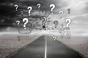 Question mark over stormy landscape background