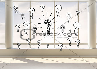 Question marks in bright room