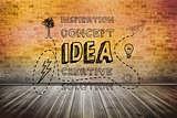 Idea graphic over brick lined wall