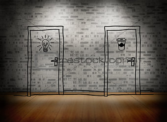 Two doors at brick lined wall