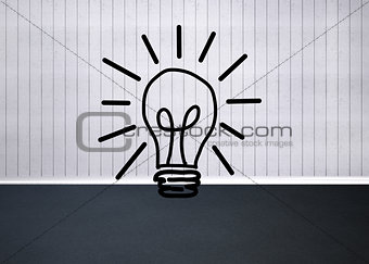 Light bulb graphic in empty grey room