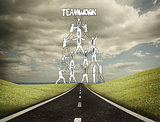 Teamwork graphic with businessmen on counrtyside