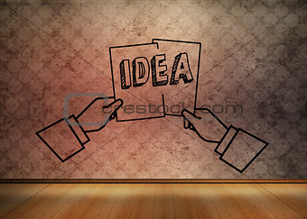 Graphic with two hands holding an idea in empty brown room