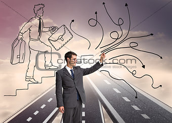 Composite image of businessman holding something up in the air