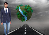 Composite image of unsmiling businessman walking