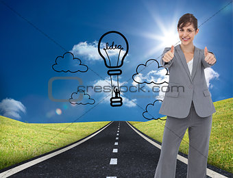 Composite image of businesswoman giving thumbs up