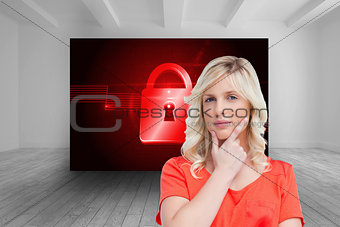 Composite image of teenager standing thoughtfully with her fingers on her chin