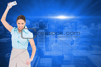 Composite image of classy businesswoman throwing her calculator