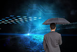 Composite image of rear view of businessman holding grey umbrella