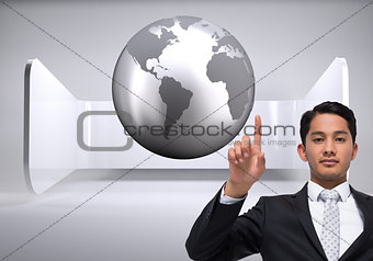 Composite image of unsmiling businessman pointing