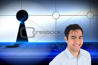 Composite image of smiling man standing