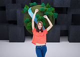 Composite image of teenage wearing casual clothes while raising her arms