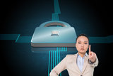 Composite image of unsmiling businesswoman pointing