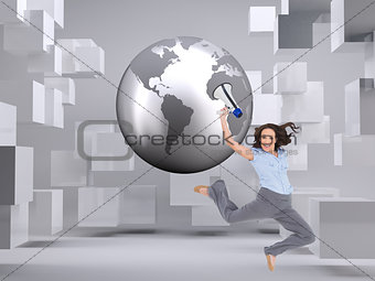 Composite image of cheerful businesswoman jumping while holding megaphone