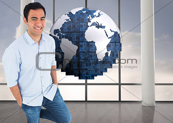Composite image of smiling man standing