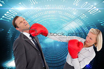 Composite image of businesswoman hitting colleague