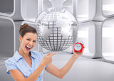 Composite image of businesswoman indicating alarm clock