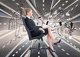 Composite image of businesswoman sitting on swivel chair in black suit