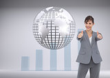Composite image of businesswoman giving thumbs up