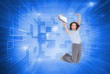 Composite image of happy businesswoman jumping while holding clipboard