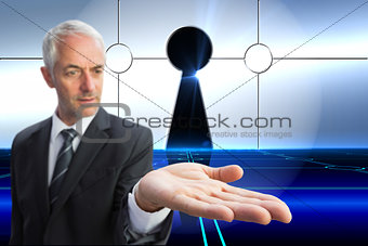 Composite image of businessman with palm up