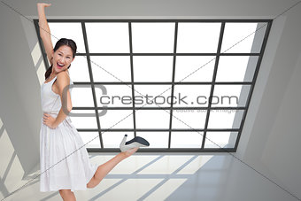 Composite image of happy brunette posing