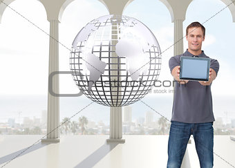 Composite image of man showing his tablet computer
