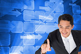 Composite image of smiling businessman pointing