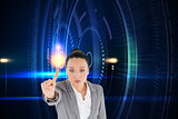 Composite image of unsmiling businesswoman pointing