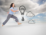 Composite image of cheerful businesswoman jumping while holding clipboard