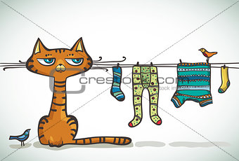 Cartoon cat with clothing and birds.