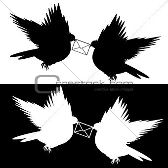 Monochrome silhouette of two flying doves with a letter