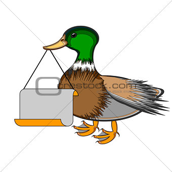 A duck holding a big blank paper in his beak
