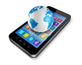 Smartphone with apps icons and World Globe