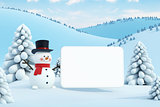 happy snowman with blank poster