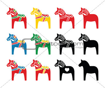 Swedish dala horse vector icons set